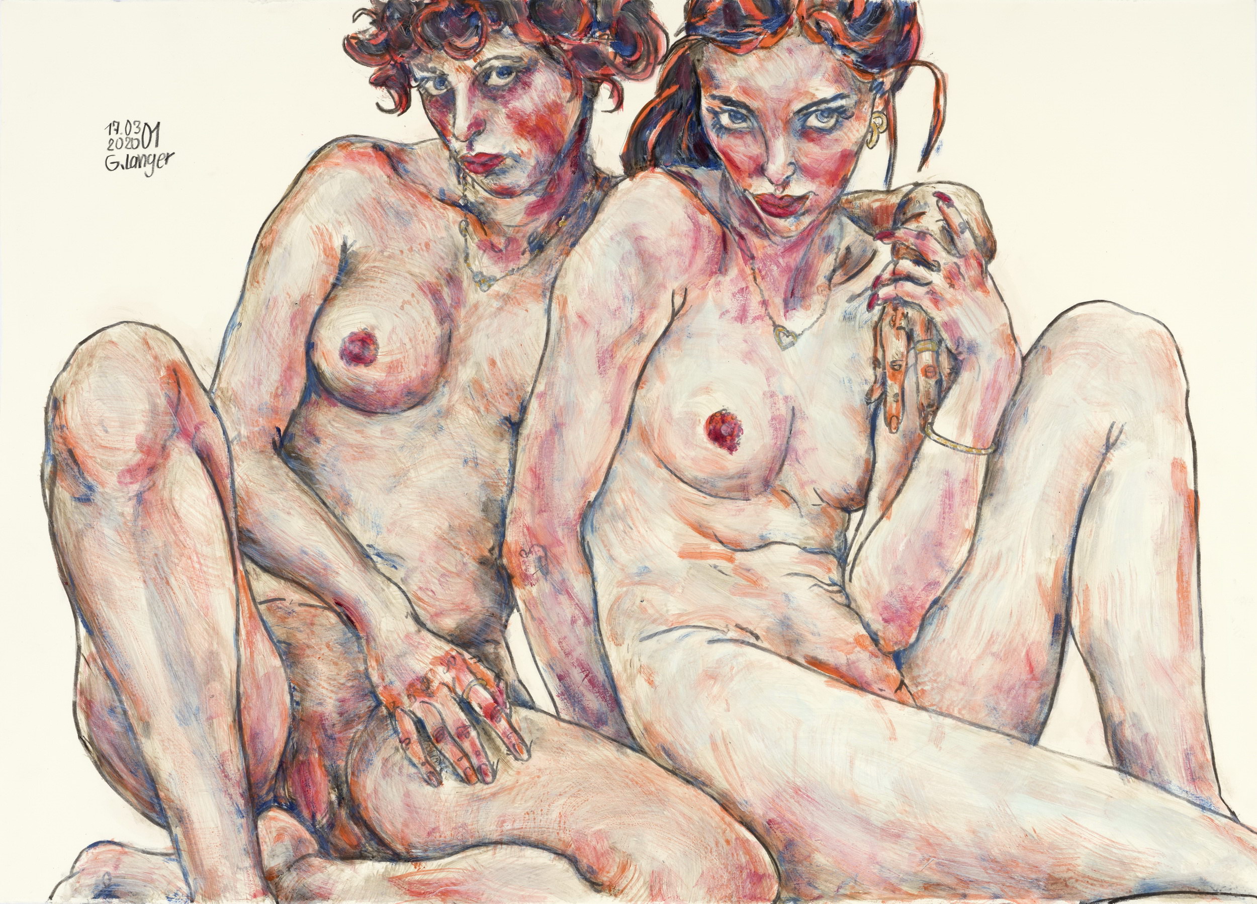 Gunter Langer, Zwei nackte Mädchen, Eigenschaften, 2020, Acryl Wasserfarbe Bleistift, Büttenpapier, 105 x 75 cm